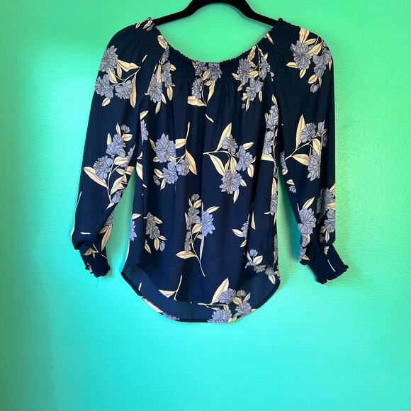 Express Womens Navy Cold Shoulder Shirt Top Floral Design - Picture 5 of 8